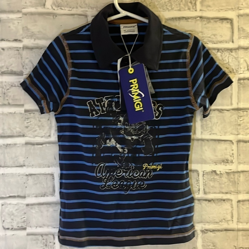 4/$20 primigi (Italy) boys football print polo striped shirt - size 4T